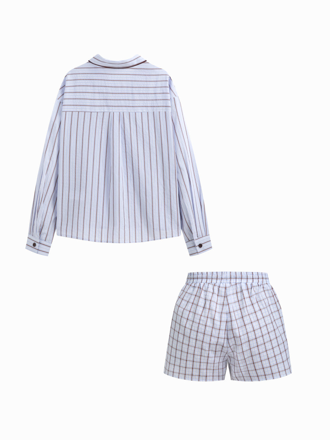 100% Cotton Collar Stripe Oversized Top & Mid Rise Check Drawstring Shorts Loungewear Set