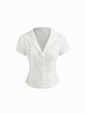 100% Cotton Asymmetrical Neck Button Curved Hem Short Sleeve Blouse