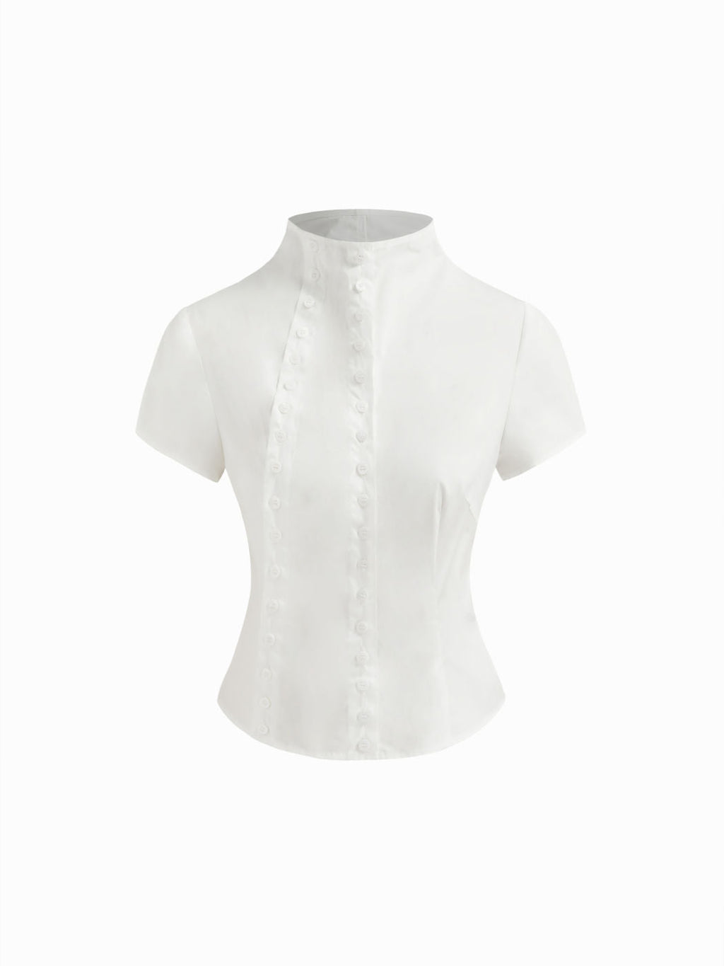 100% Cotton Asymmetrical Neck Button Curved Hem Short Sleeve Blouse