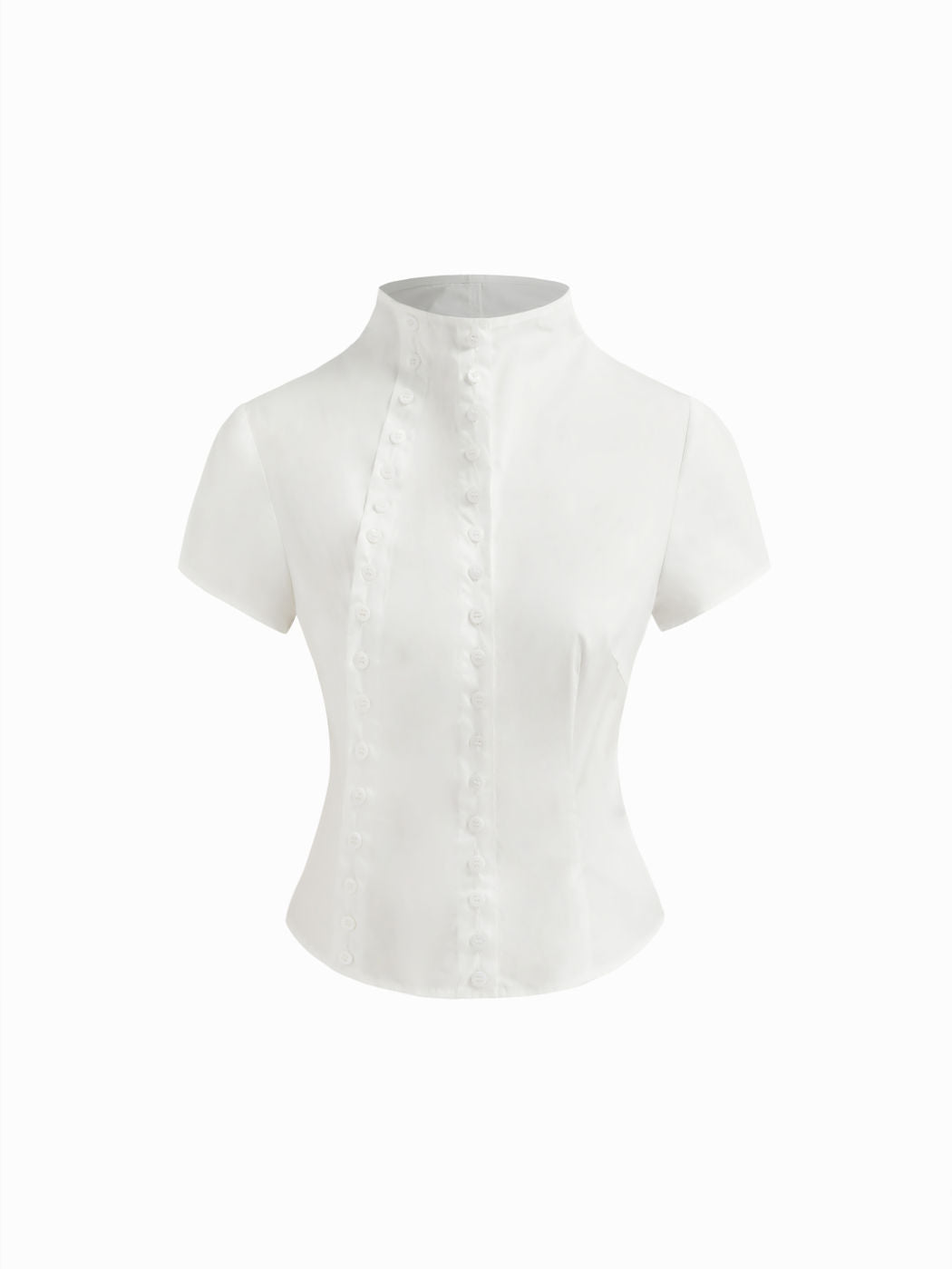 100% Cotton Asymmetrical Neck Button Curved Hem Short Sleeve Blouse