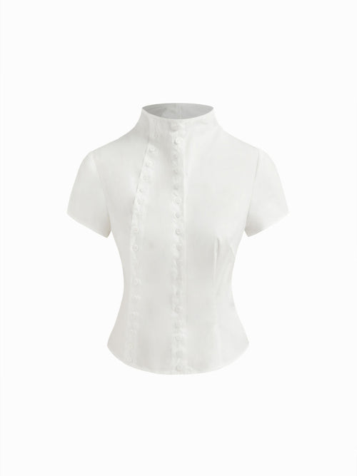 100% Cotton Asymmetrical Neck Button Curved Hem Short Sleeve Blouse
