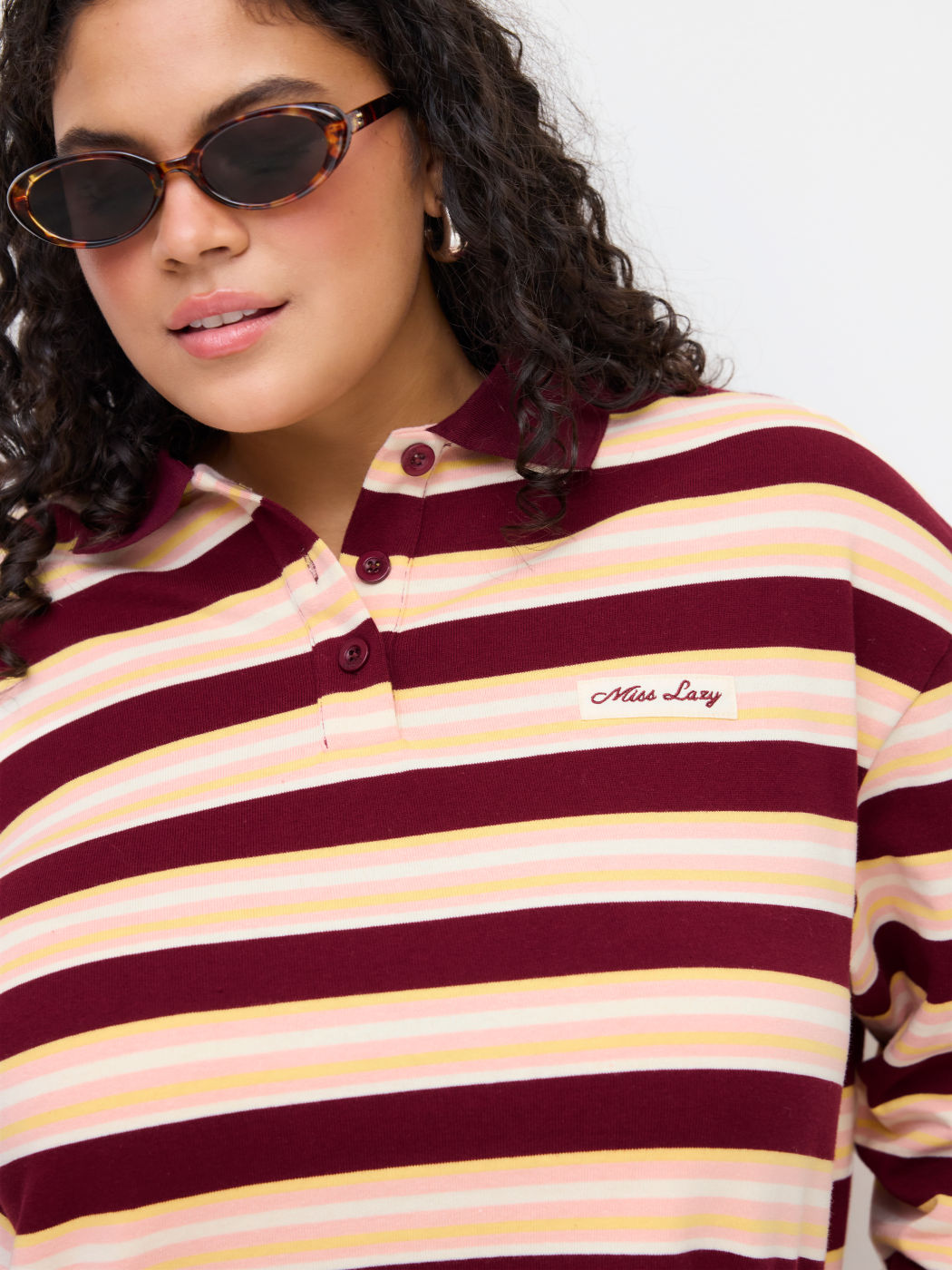 100% Cotton Stripe Polo Neck Long Sleeve Oversized Sweatshirt Curve & Plus