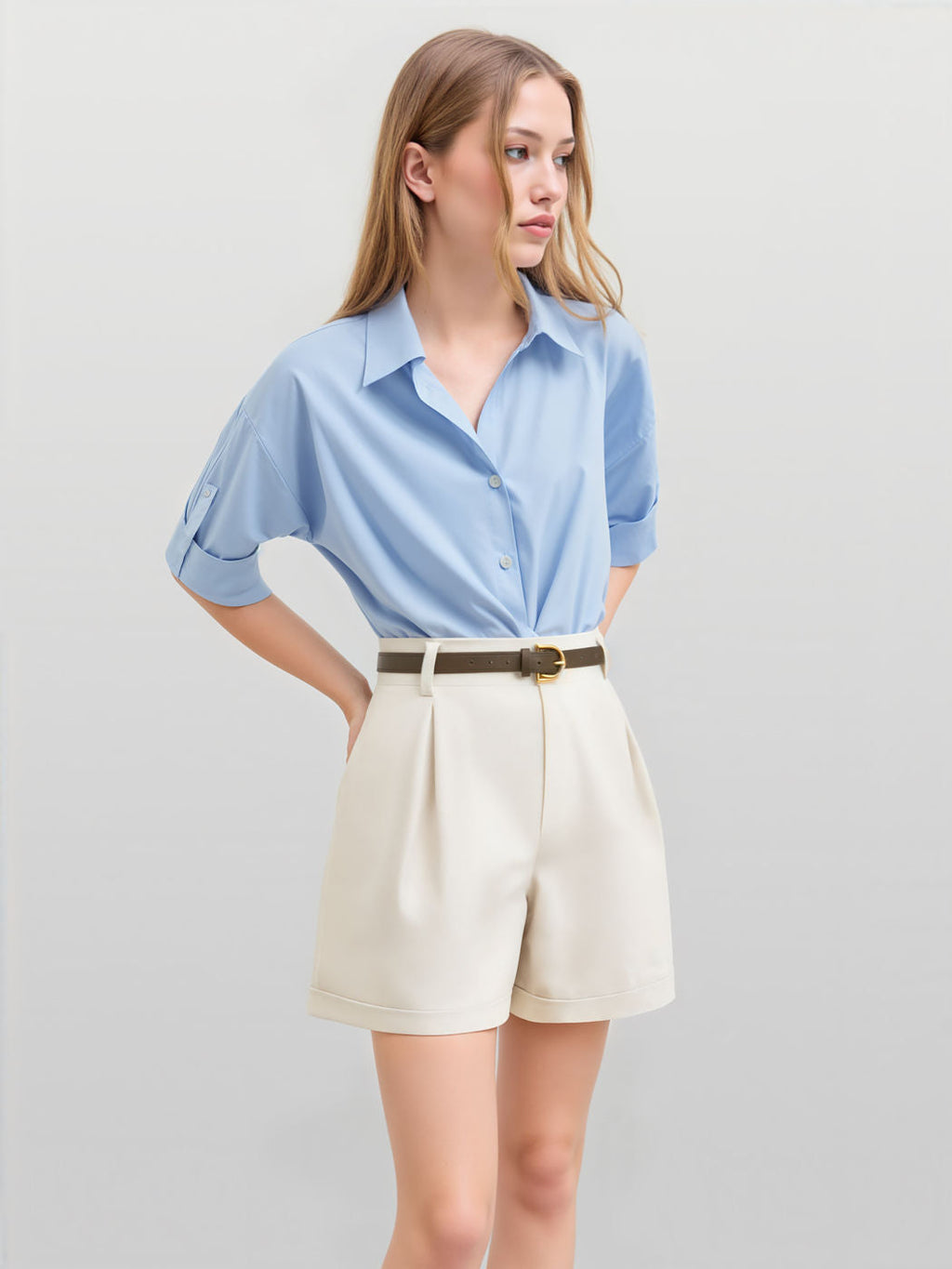 100% Cotton Collar Solid Knotted Long Sleeve Shirt