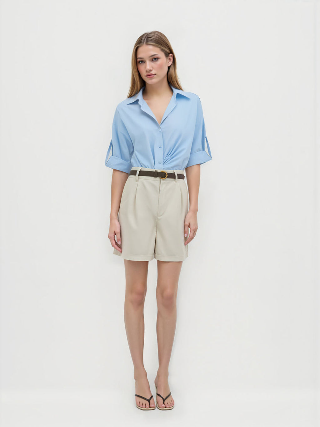 100% Cotton Collar Solid Knotted Long Sleeve Shirt