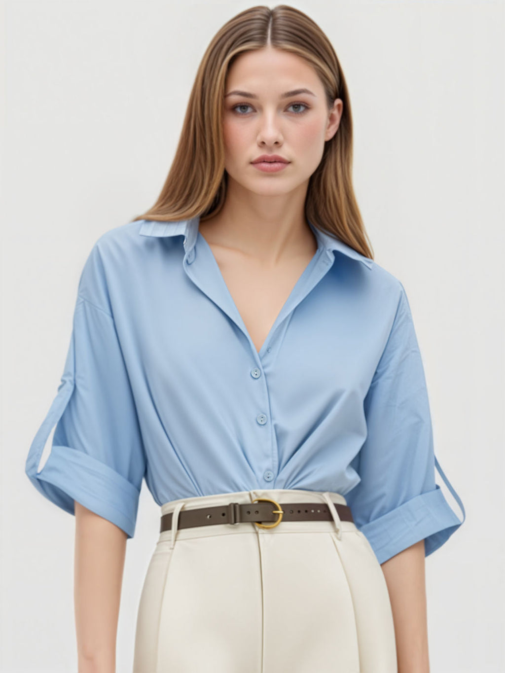 100% Cotton Collar Solid Knotted Long Sleeve Shirt