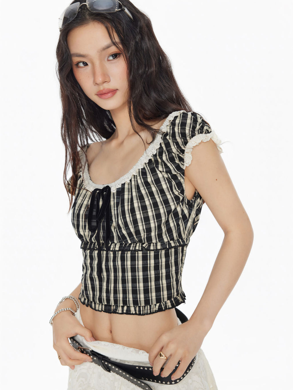 100% Cotton Check Knotted Lettuce Trim Shirred Top