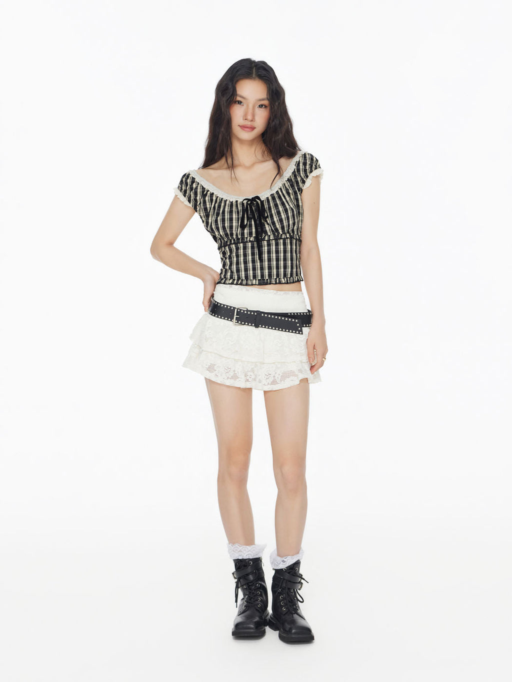 100% Cotton Check Knotted Lettuce Trim Shirred Top