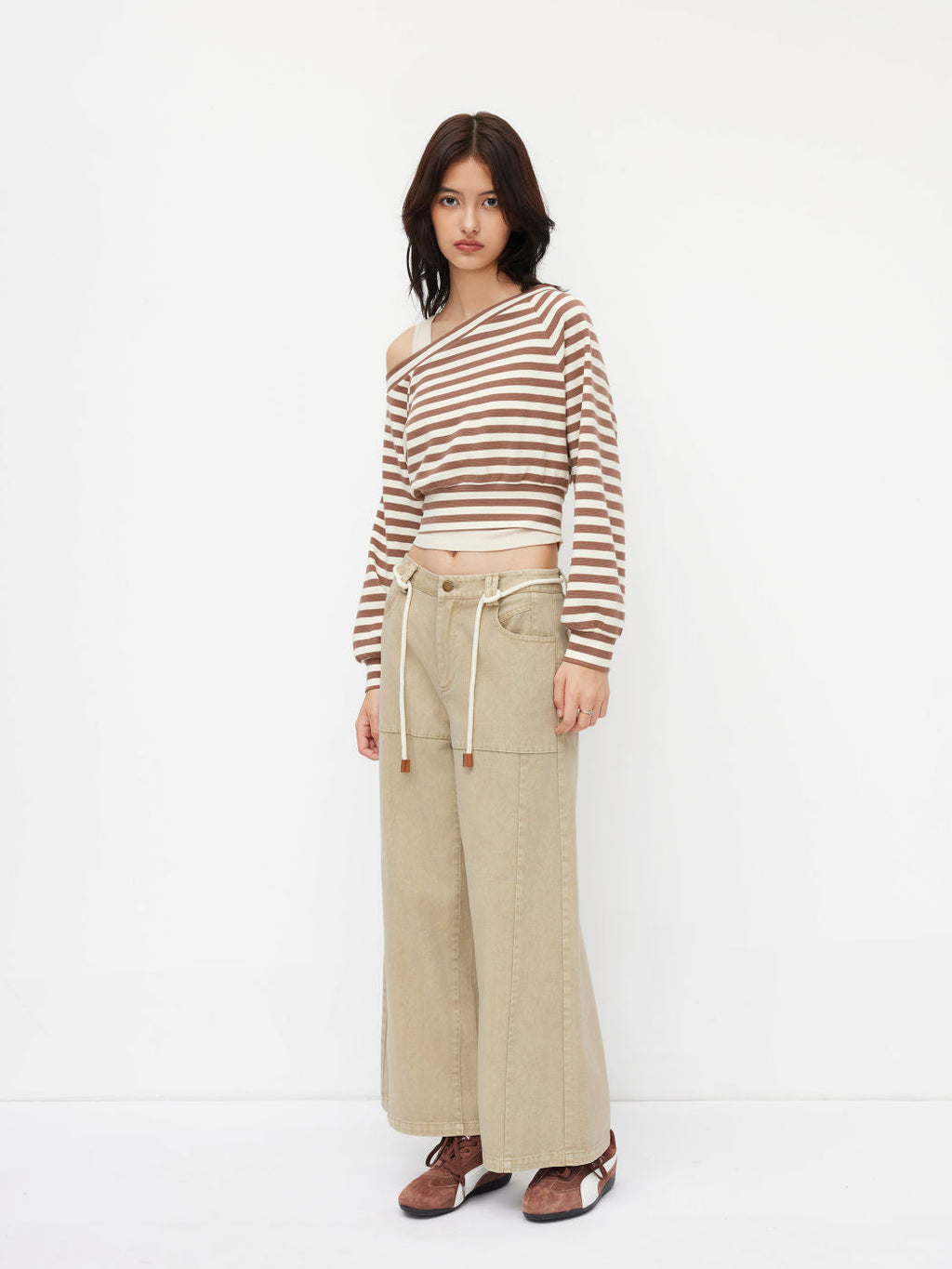 100% Cotton Mid Rise Drawstring Wide Leg Trousers