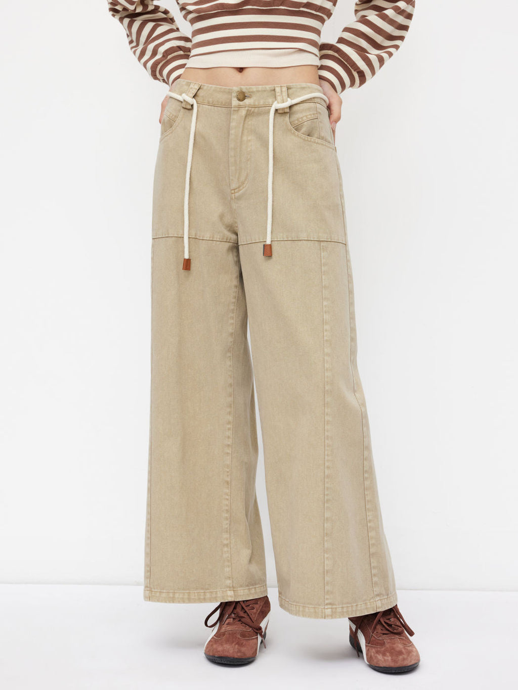 100% Cotton Mid Rise Drawstring Wide Leg Trousers
