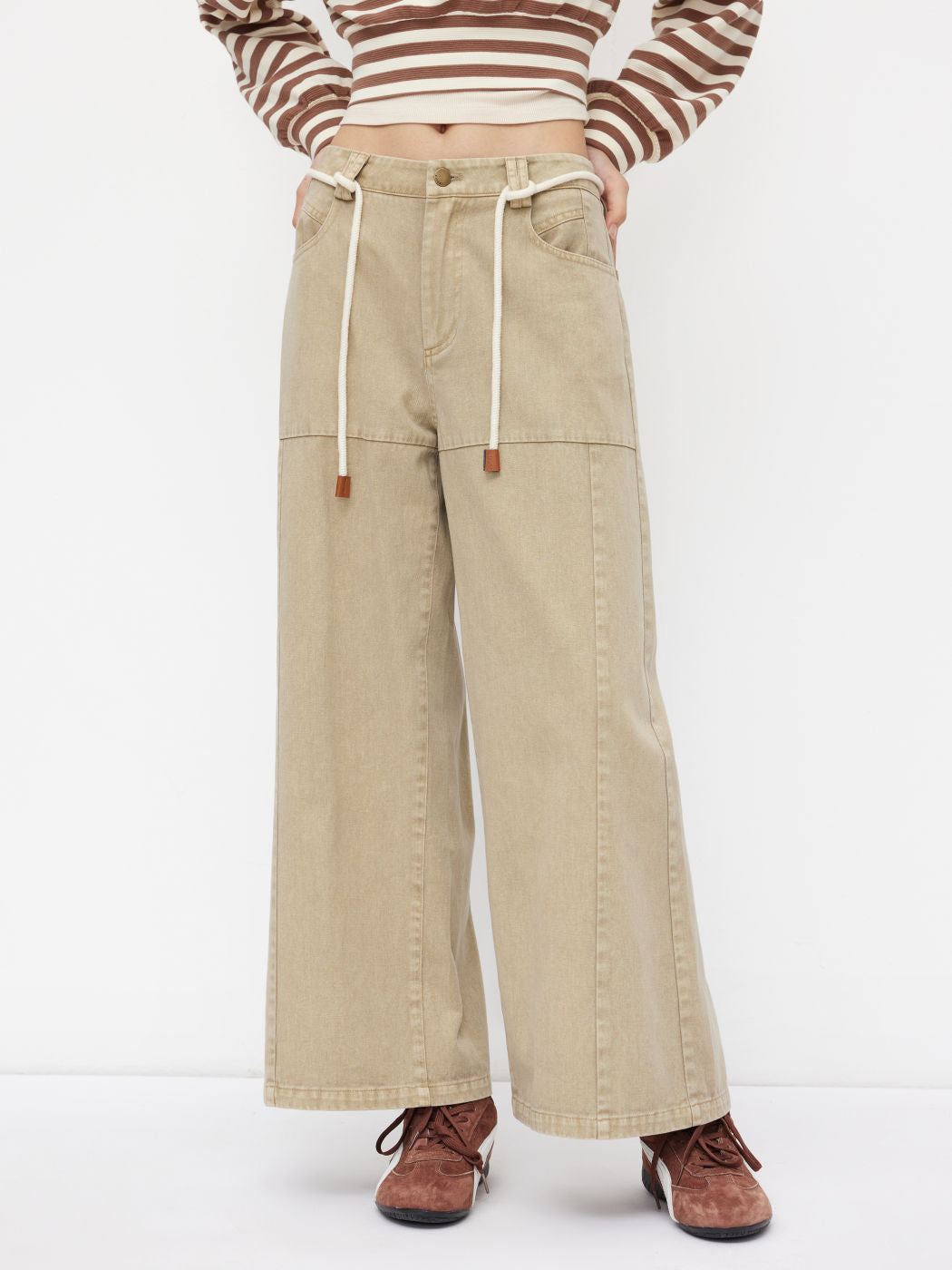 100% Cotton Mid Rise Drawstring Wide Leg Trousers