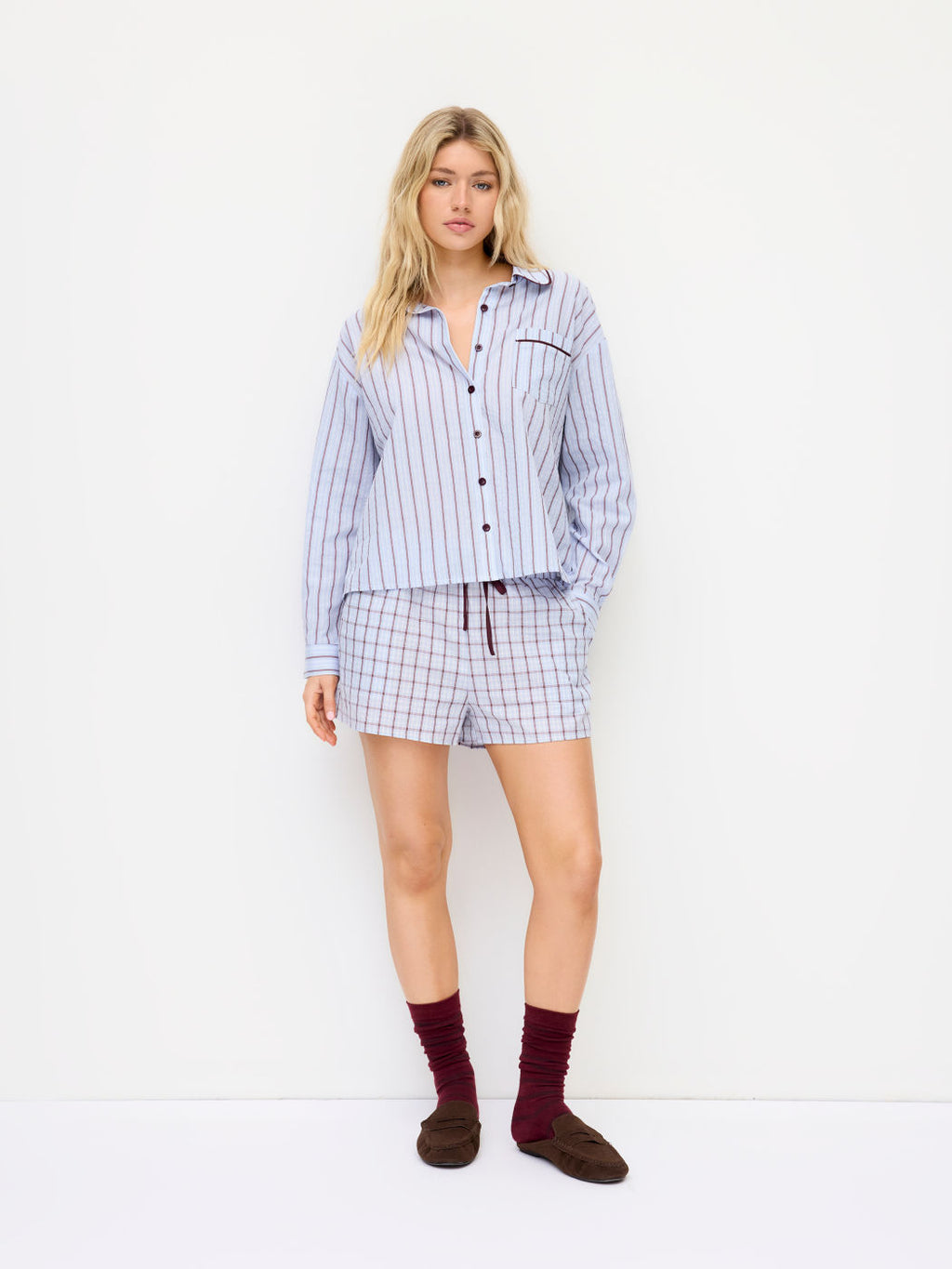 100% Cotton Collar Stripe Oversized Top & Mid Rise Check Drawstring Shorts Loungewear Set