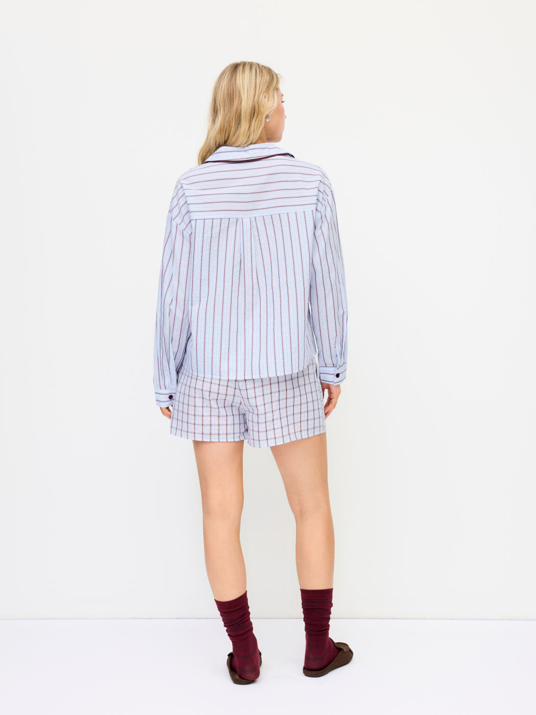 100% Cotton Collar Stripe Oversized Top & Mid Rise Check Drawstring Shorts Loungewear Set