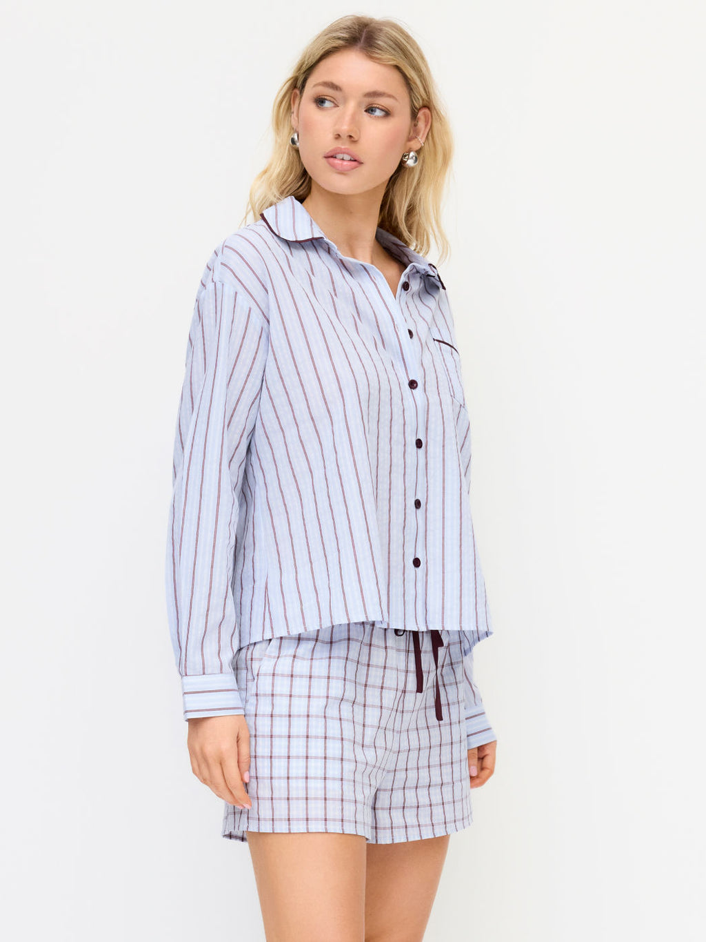 100% Cotton Collar Stripe Oversized Top & Mid Rise Check Drawstring Shorts Loungewear Set