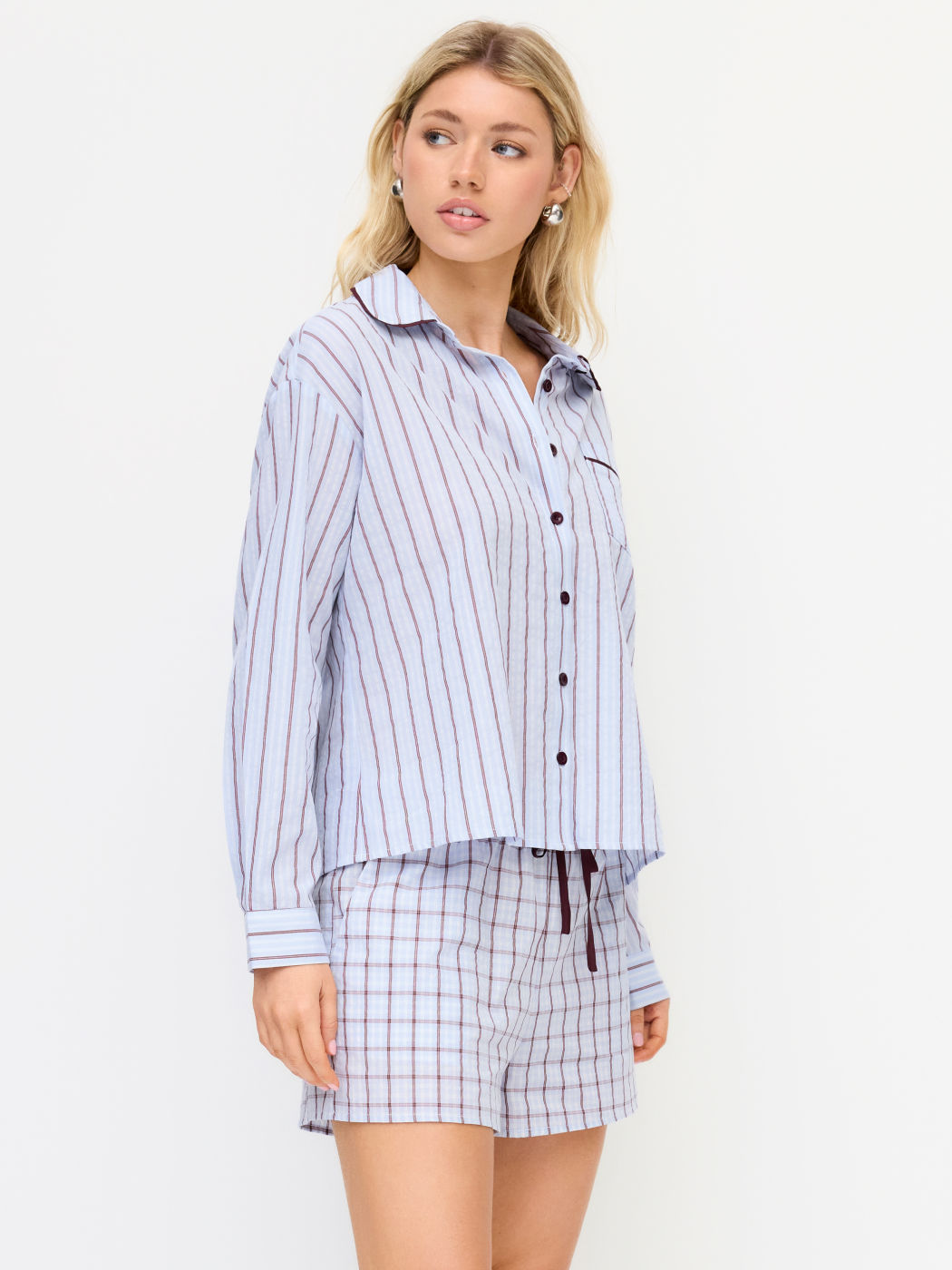100% Cotton Collar Stripe Oversized Top & Mid Rise Check Drawstring Shorts Loungewear Set