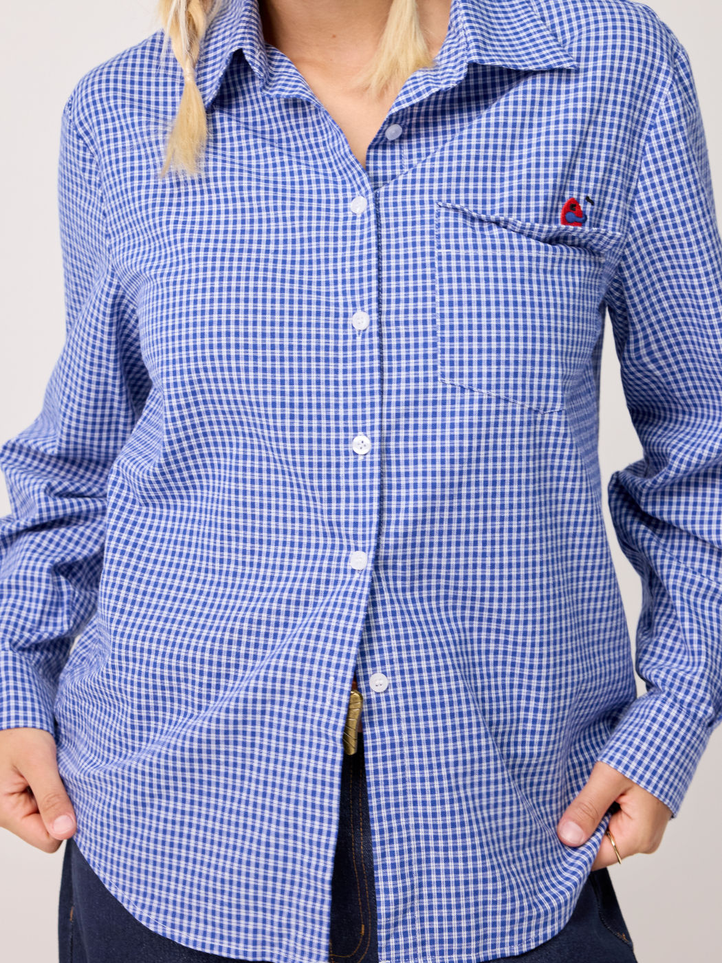 100% Cotton Collar Gingham Embroidery Long Sleeve Oversized Shirt