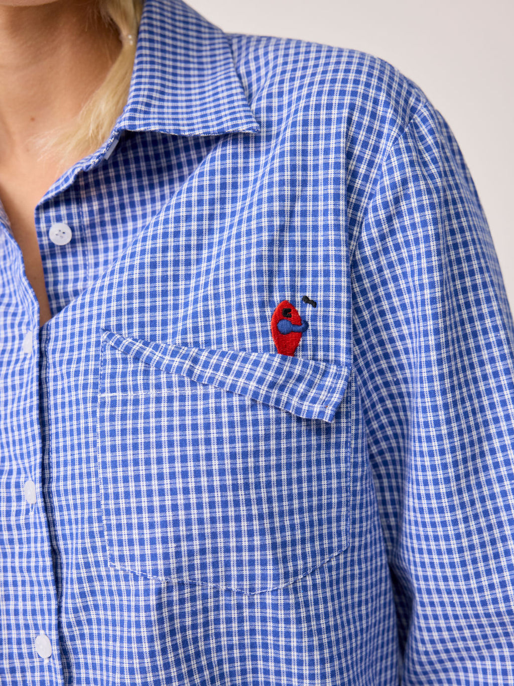 100% Cotton Collar Gingham Embroidery Long Sleeve Oversized Shirt