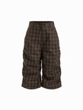 100% Cotton Mid Rise Plaid Ruched Bermuda Shorts