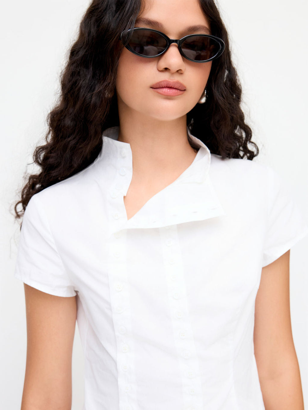 100% Cotton Asymmetrical Neck Button Curved Hem Short Sleeve Blouse