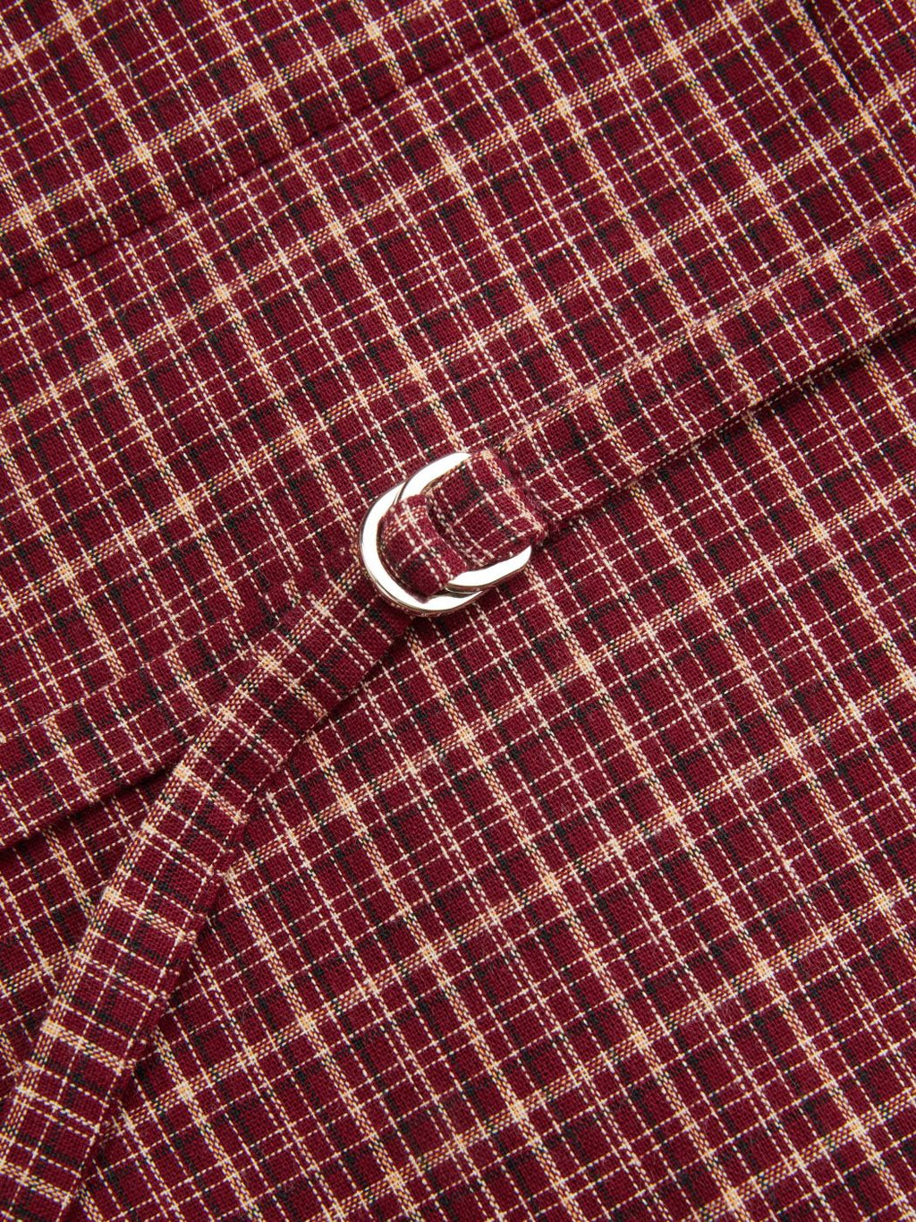 100% Cotton Plaid Deep V-neck Long Sleeve Ruffle Trim Belted Blouse