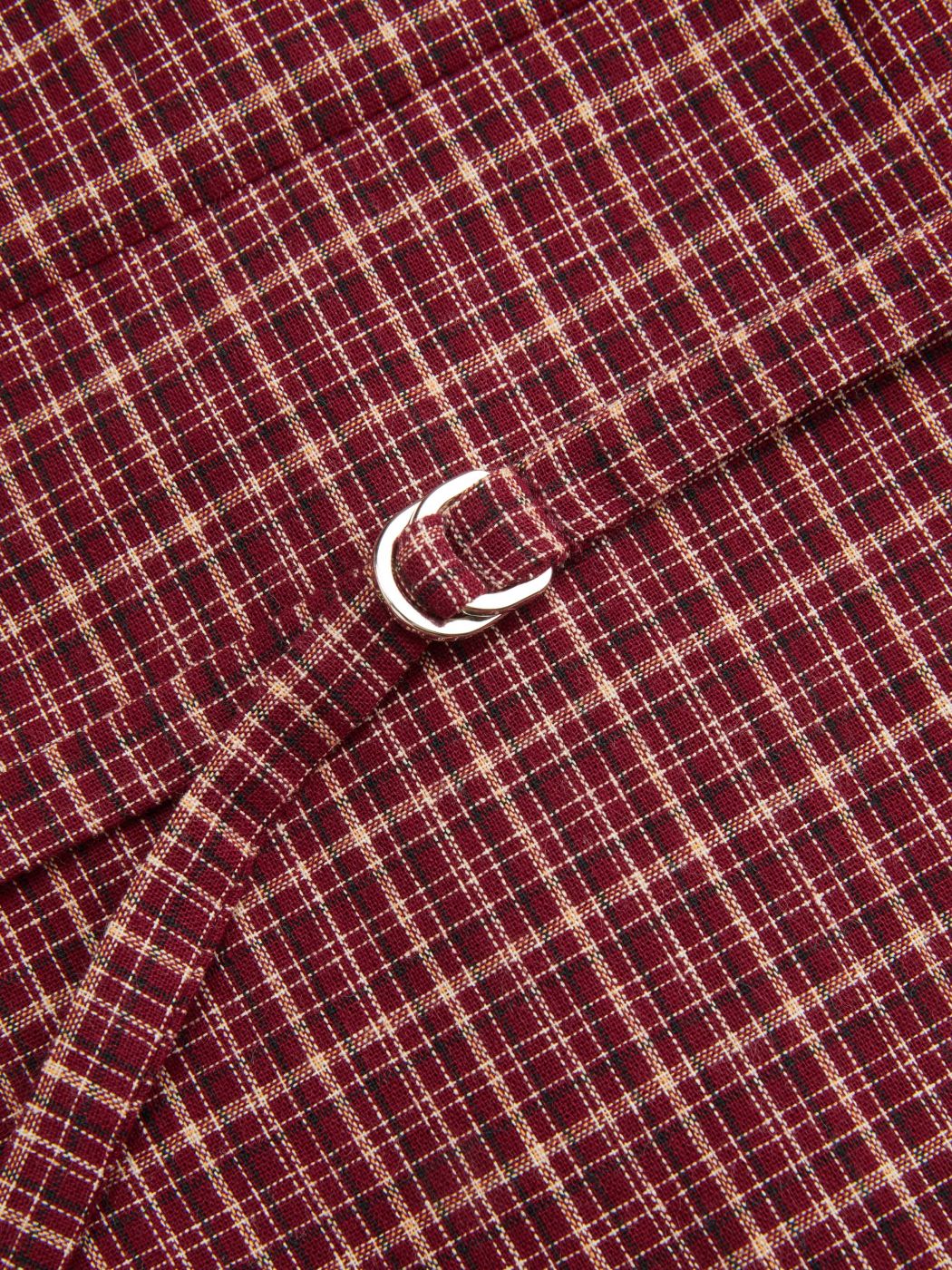 100% Cotton Plaid Deep V-neck Long Sleeve Ruffle Trim Belted Blouse