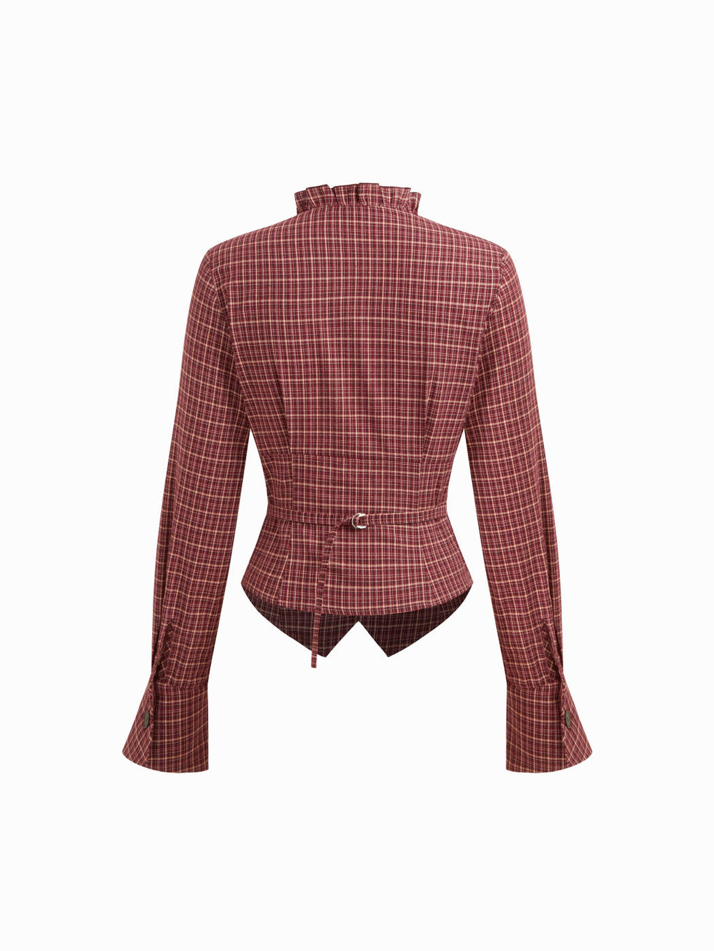 100% Cotton Plaid Deep V-neck Long Sleeve Ruffle Trim Belted Blouse