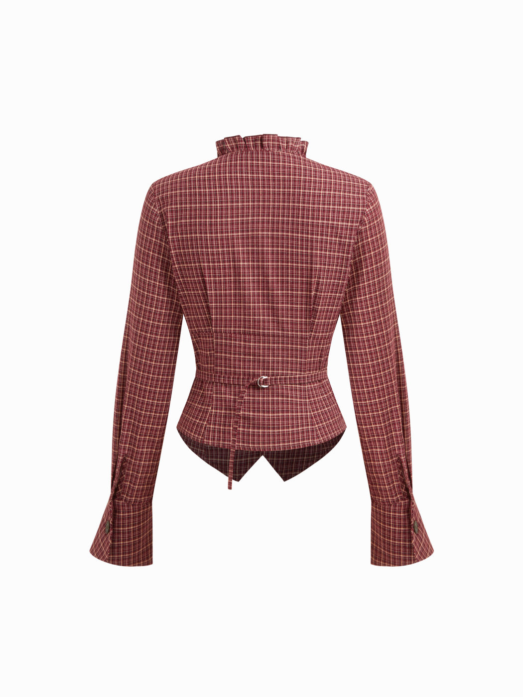 100% Cotton Plaid Deep V-neck Long Sleeve Ruffle Trim Belted Blouse
