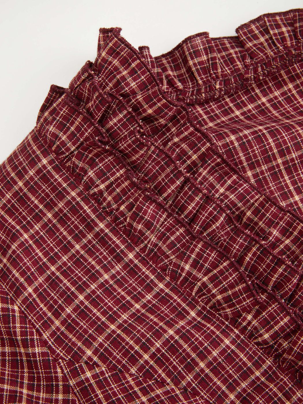 100% Cotton Plaid Deep V-neck Long Sleeve Ruffle Trim Belted Blouse