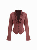 100% Cotton Plaid Deep V-neck Long Sleeve Ruffle Trim Belted Blouse