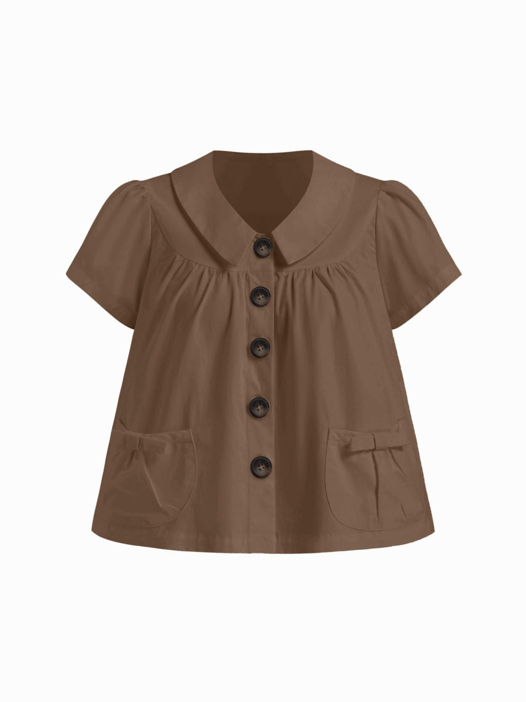 100% Cotton Peter Pan Collar Bowknot Pocket Button Oversized Blouse