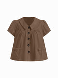 100% Cotton Peter Pan Collar Bowknot Pocket Button Oversized Blouse