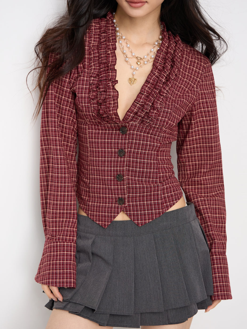 100% Cotton Plaid Deep V-neck Long Sleeve Ruffle Trim Belted Blouse