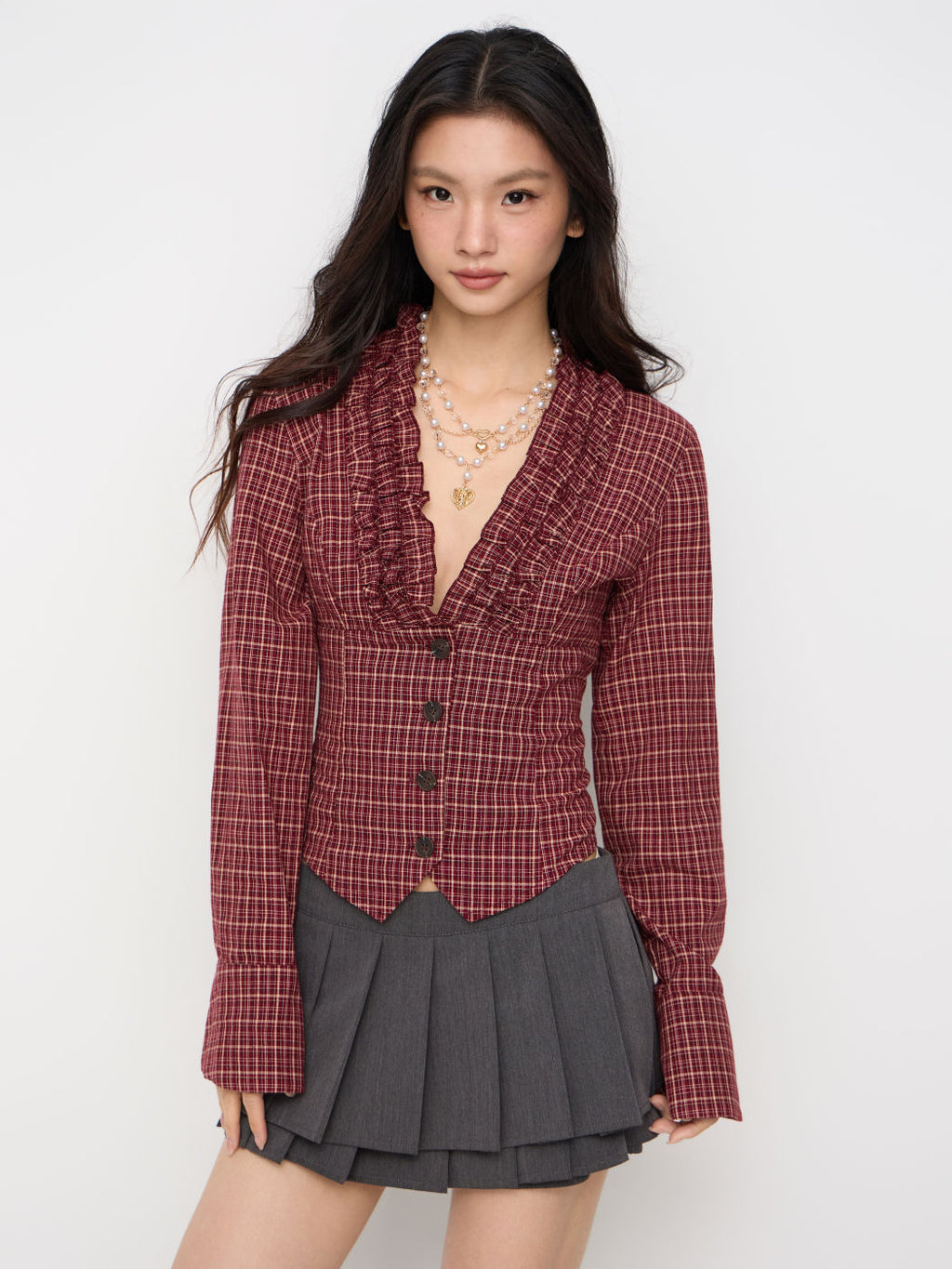 100% Cotton Plaid Deep V-neck Long Sleeve Ruffle Trim Belted Blouse