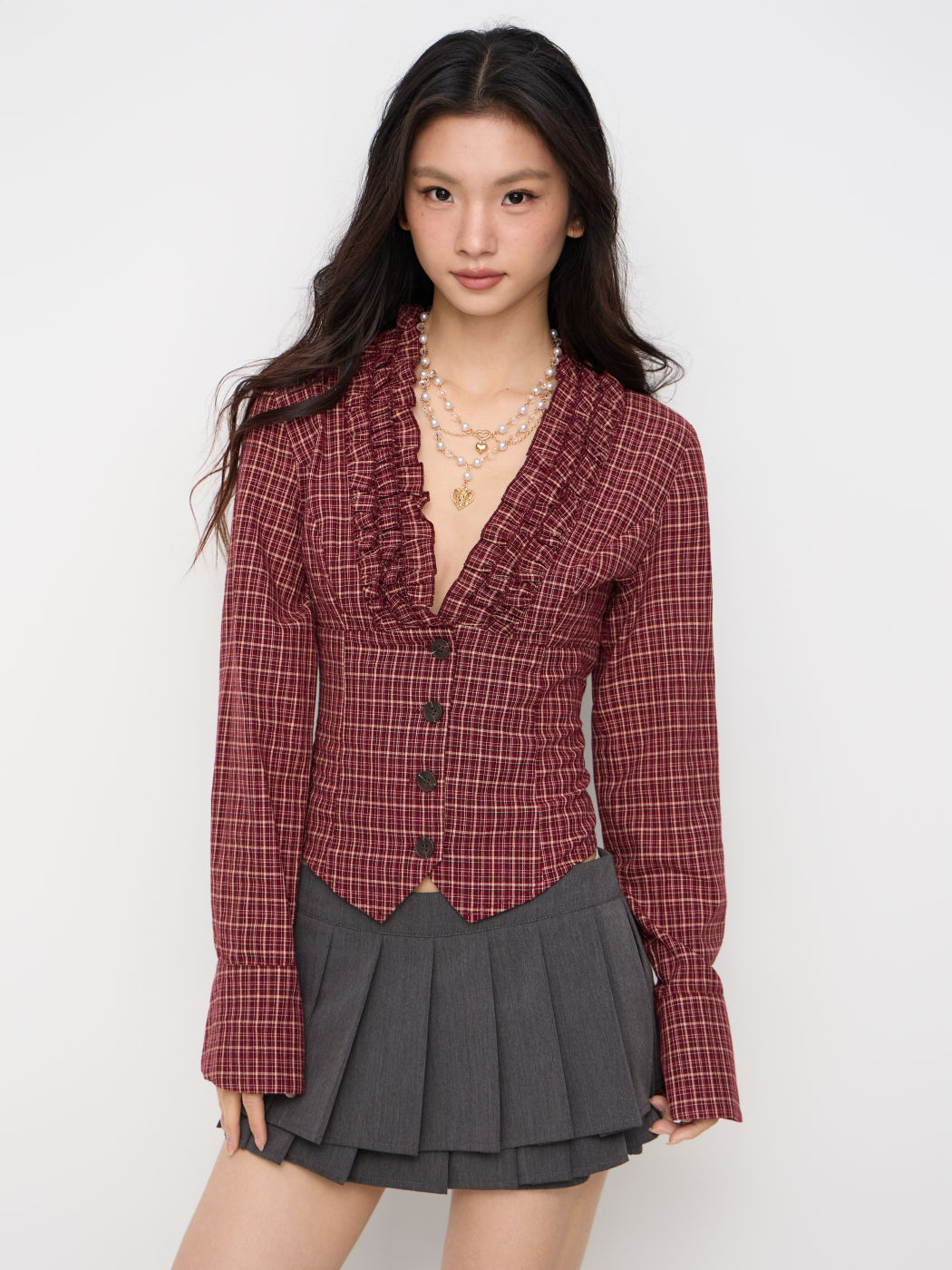 100% Cotton Plaid Deep V-neck Long Sleeve Ruffle Trim Belted Blouse
