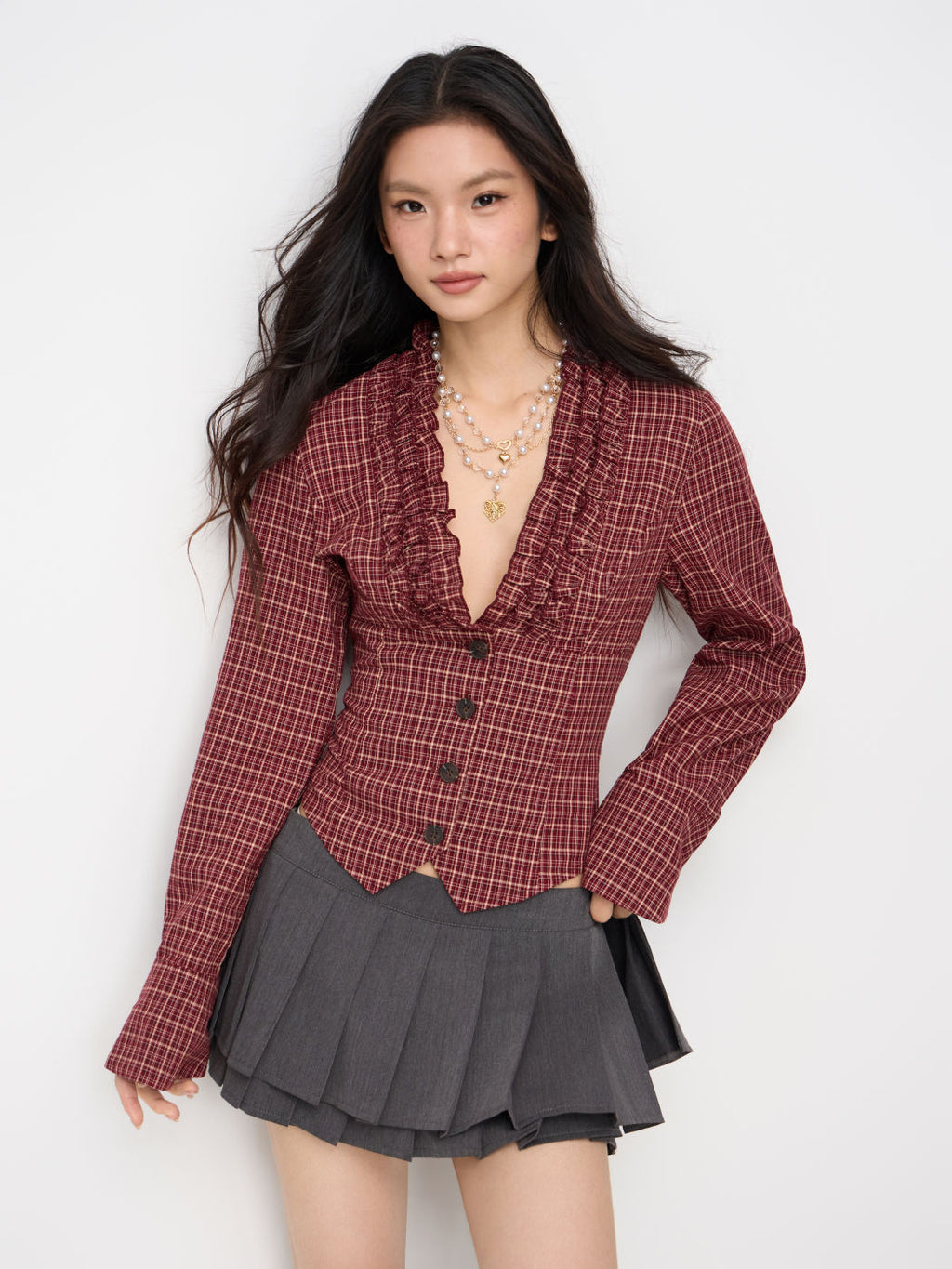 100% Cotton Plaid Deep V-neck Long Sleeve Ruffle Trim Belted Blouse