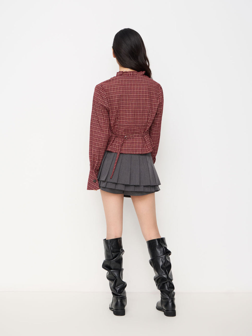 100% Cotton Plaid Deep V-neck Long Sleeve Ruffle Trim Belted Blouse