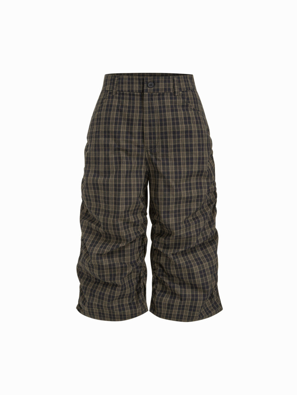 100% Cotton Mid Rise Plaid Ruched Bermuda Shorts
