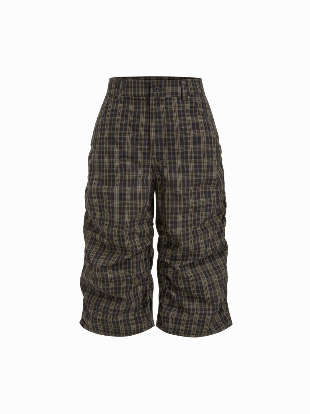 100% Cotton Mid Rise Plaid Ruched Bermuda Shorts