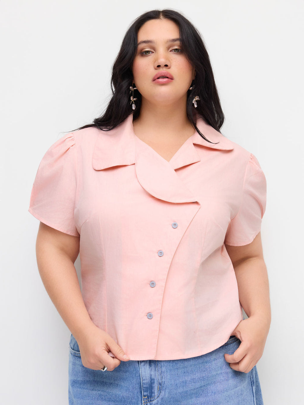 100% Cotton Collar Asymmetrical Button Blouse Curve & Plus