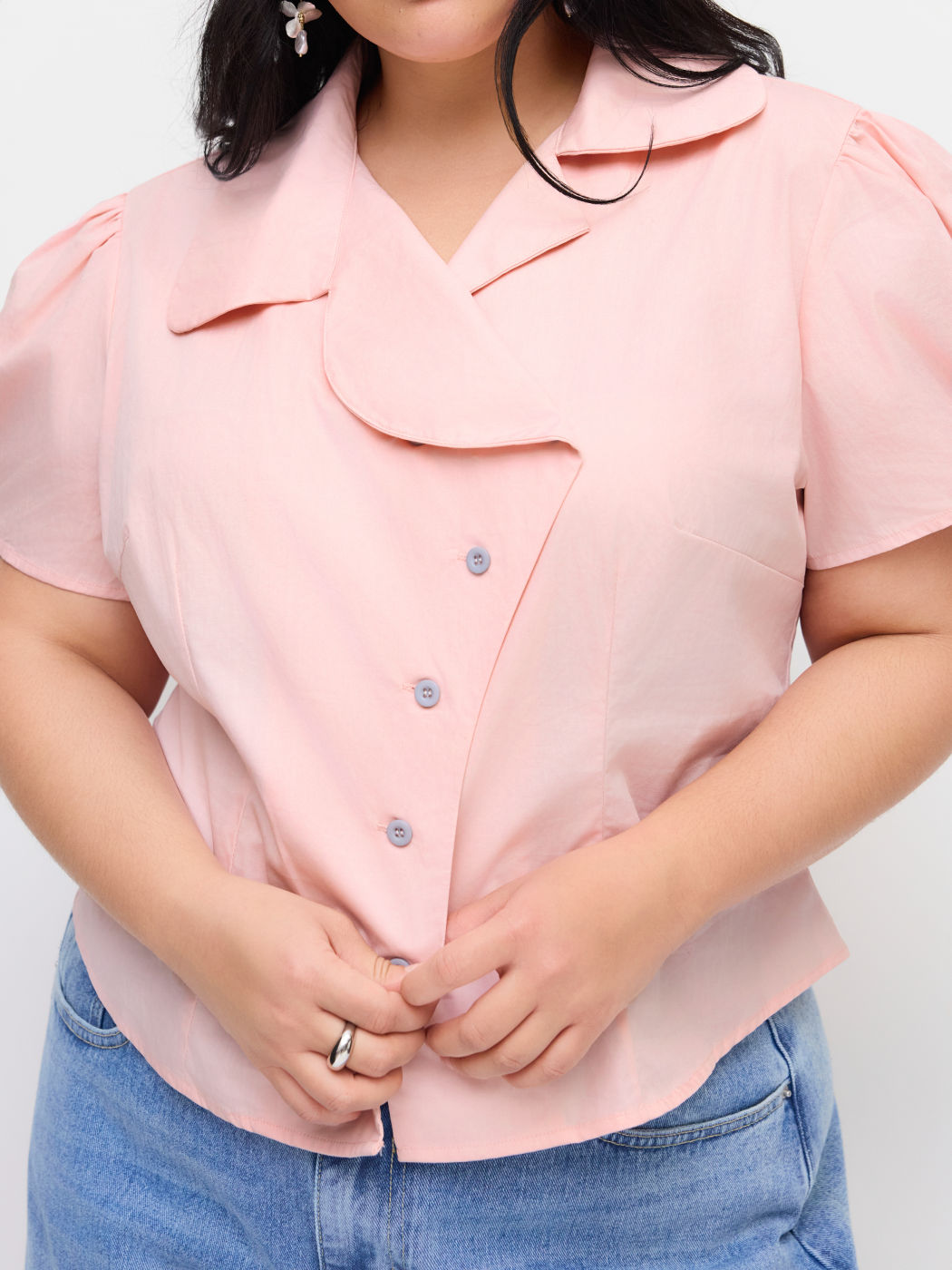 100% Cotton Collar Asymmetrical Button Blouse Curve & Plus