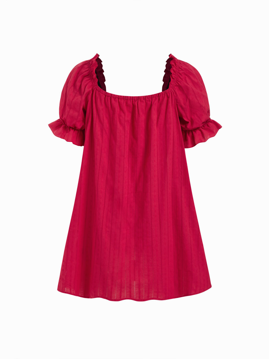 100% Cotton U-neckline Bowknot Lettuce Trim Puff Sleeve Mini Nightdress