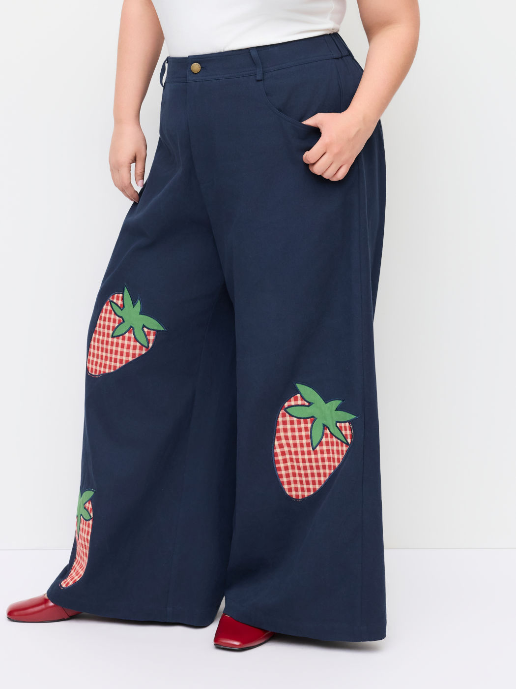 100% Cotton Mid Rise Strawberry Appliques Wide Leg Trousers Curve & Plus
