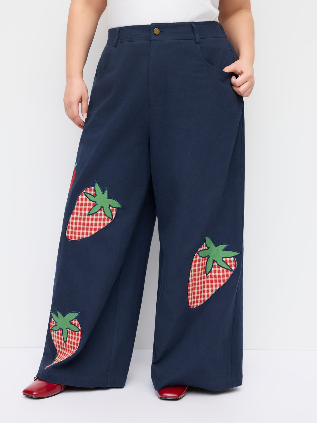 100% Cotton Mid Rise Strawberry Appliques Wide Leg Trousers Curve & Plus