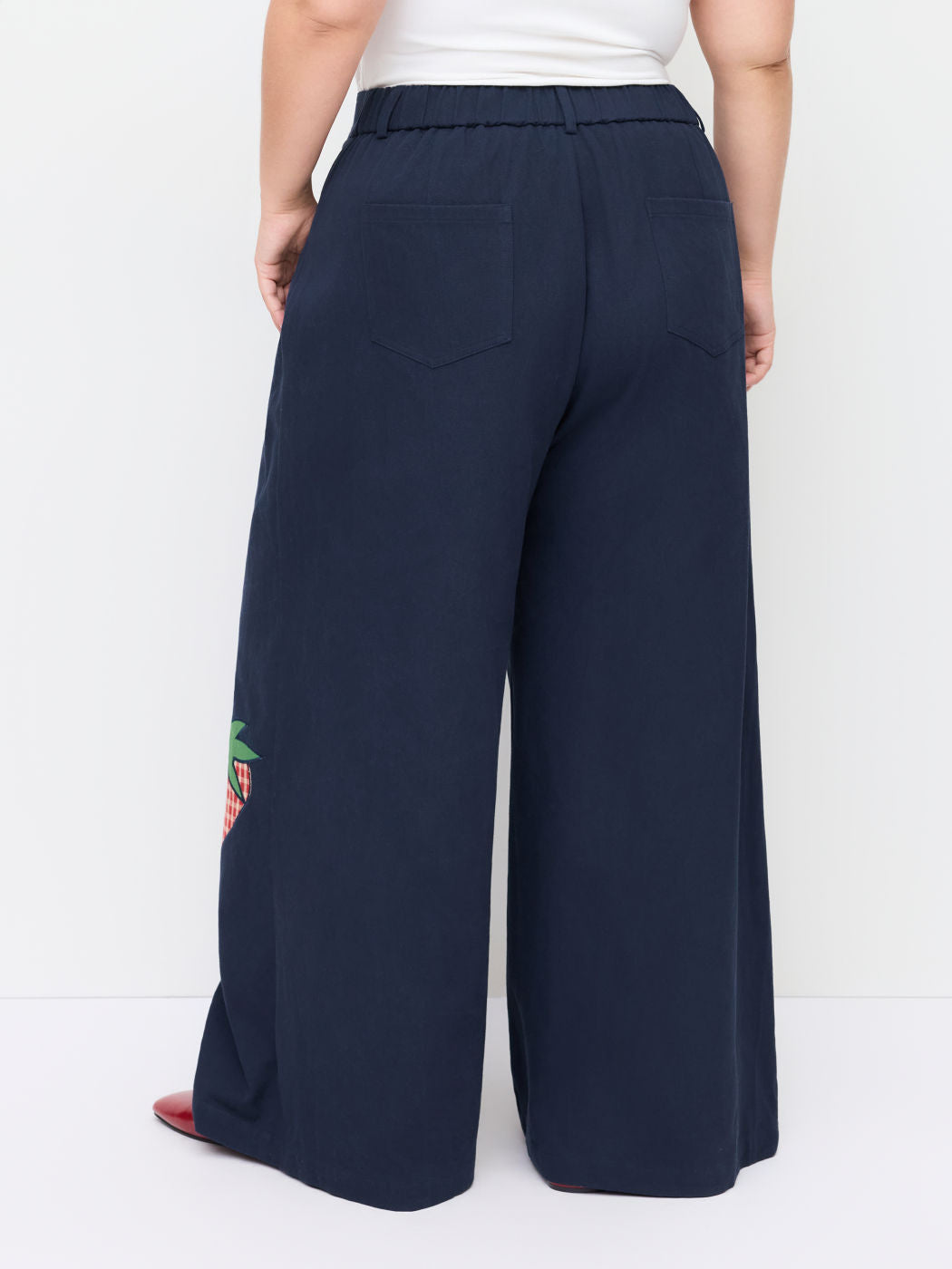 100% Cotton Mid Rise Strawberry Appliques Wide Leg Trousers Curve & Plus