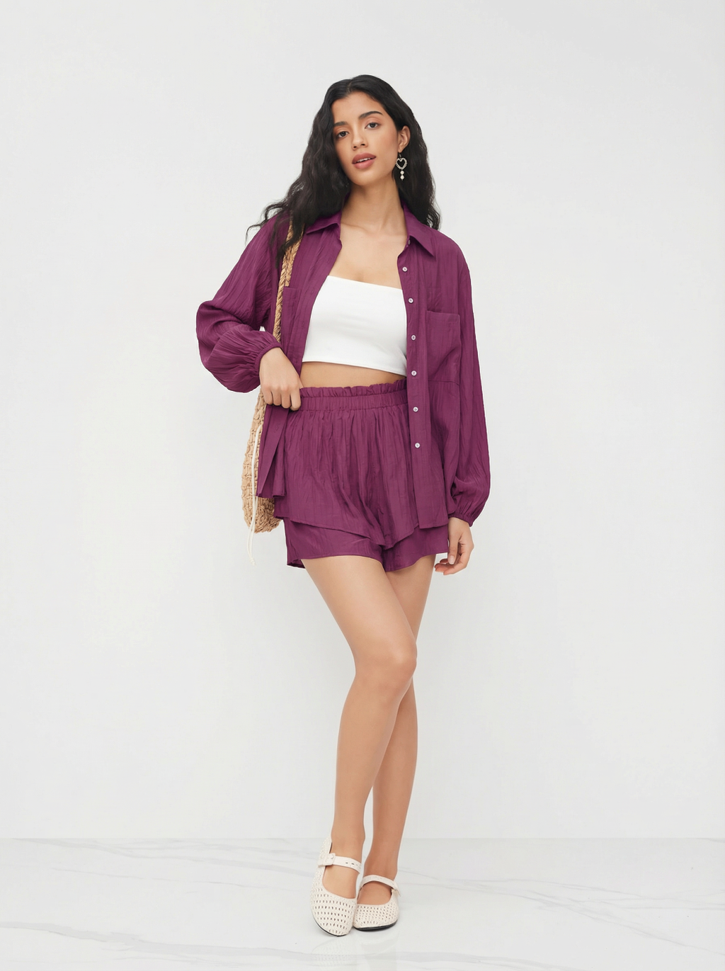 3 Pieces Polo Neck Lantern Sleeve Shirt & Cami Crop Top & Lettuce Trim Layered Shorts Set