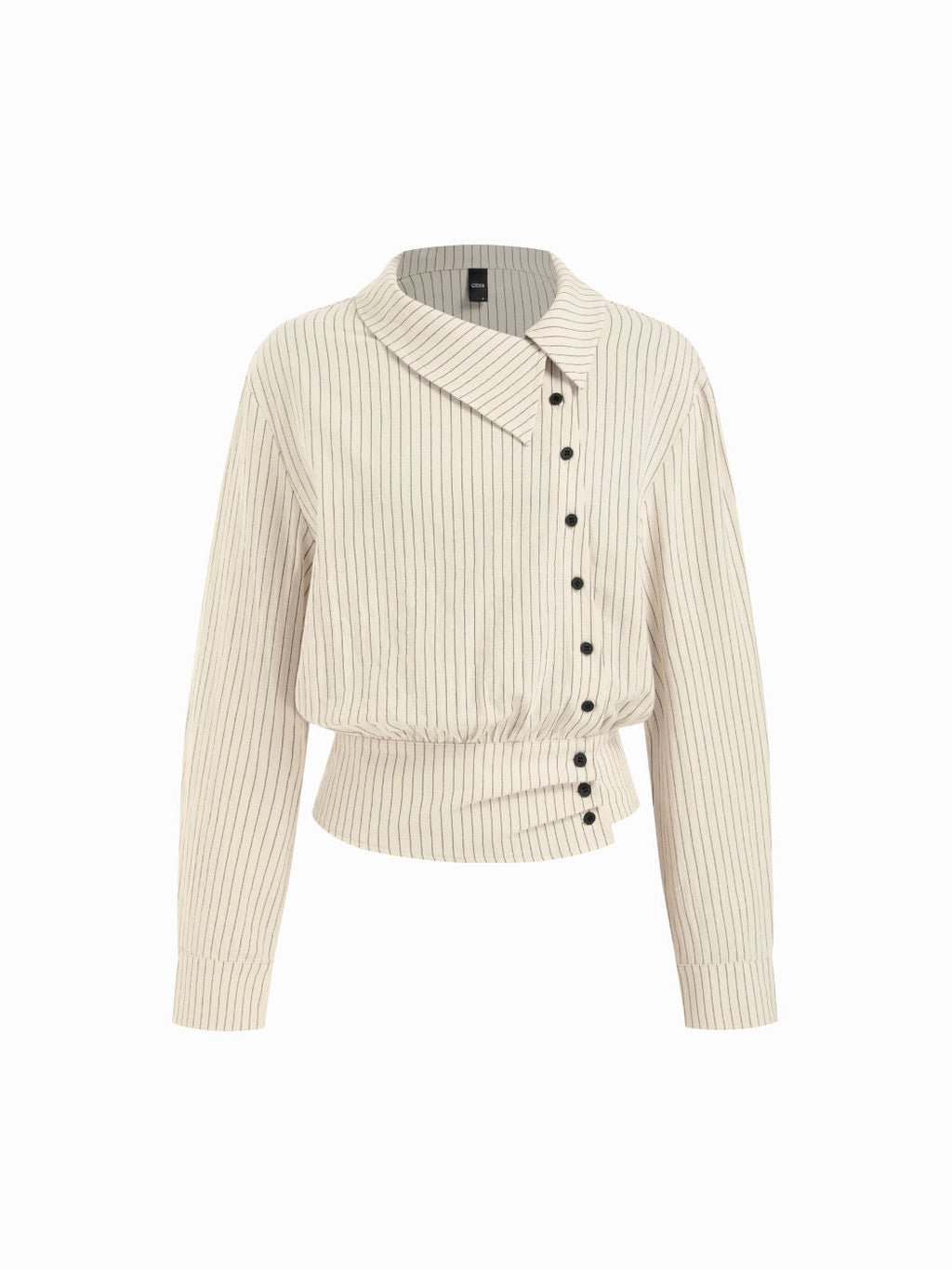 100% Cotton Striped Asymmetrical Collar Long Sleeve Blouse