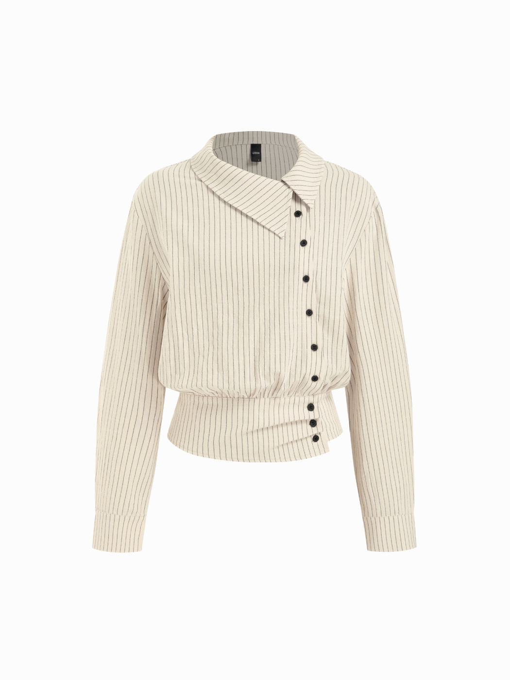 100% Cotton Striped Asymmetrical Collar Long Sleeve Blouse