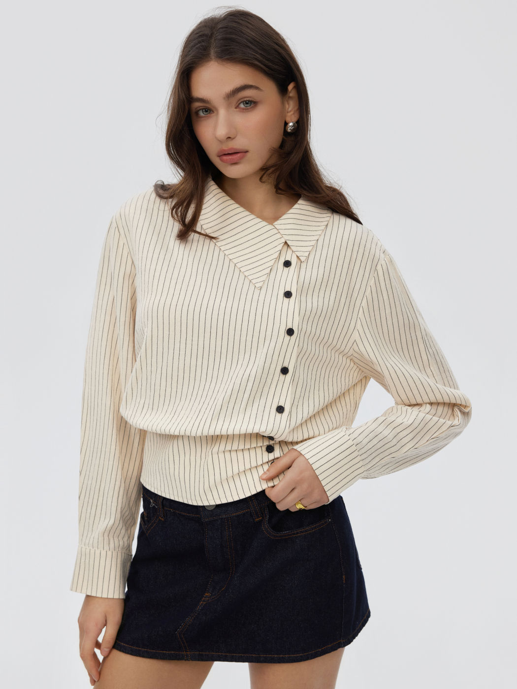 100% Cotton Striped Asymmetrical Collar Long Sleeve Blouse