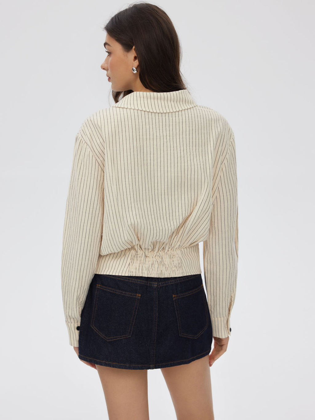 100% Cotton Striped Asymmetrical Collar Long Sleeve Blouse