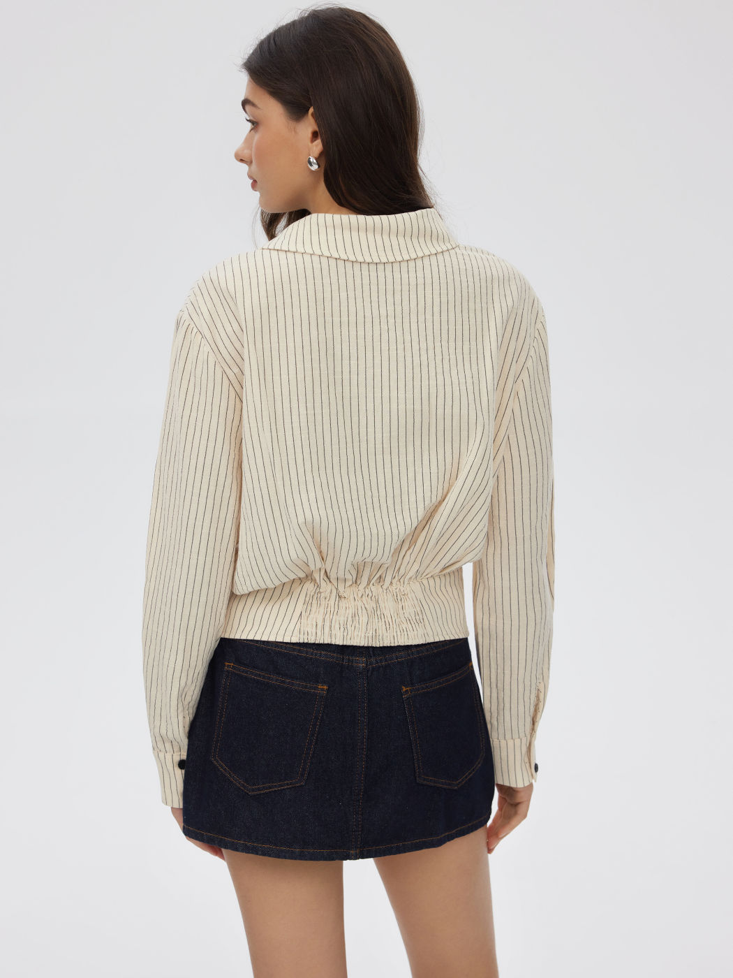100% Cotton Striped Asymmetrical Collar Long Sleeve Blouse