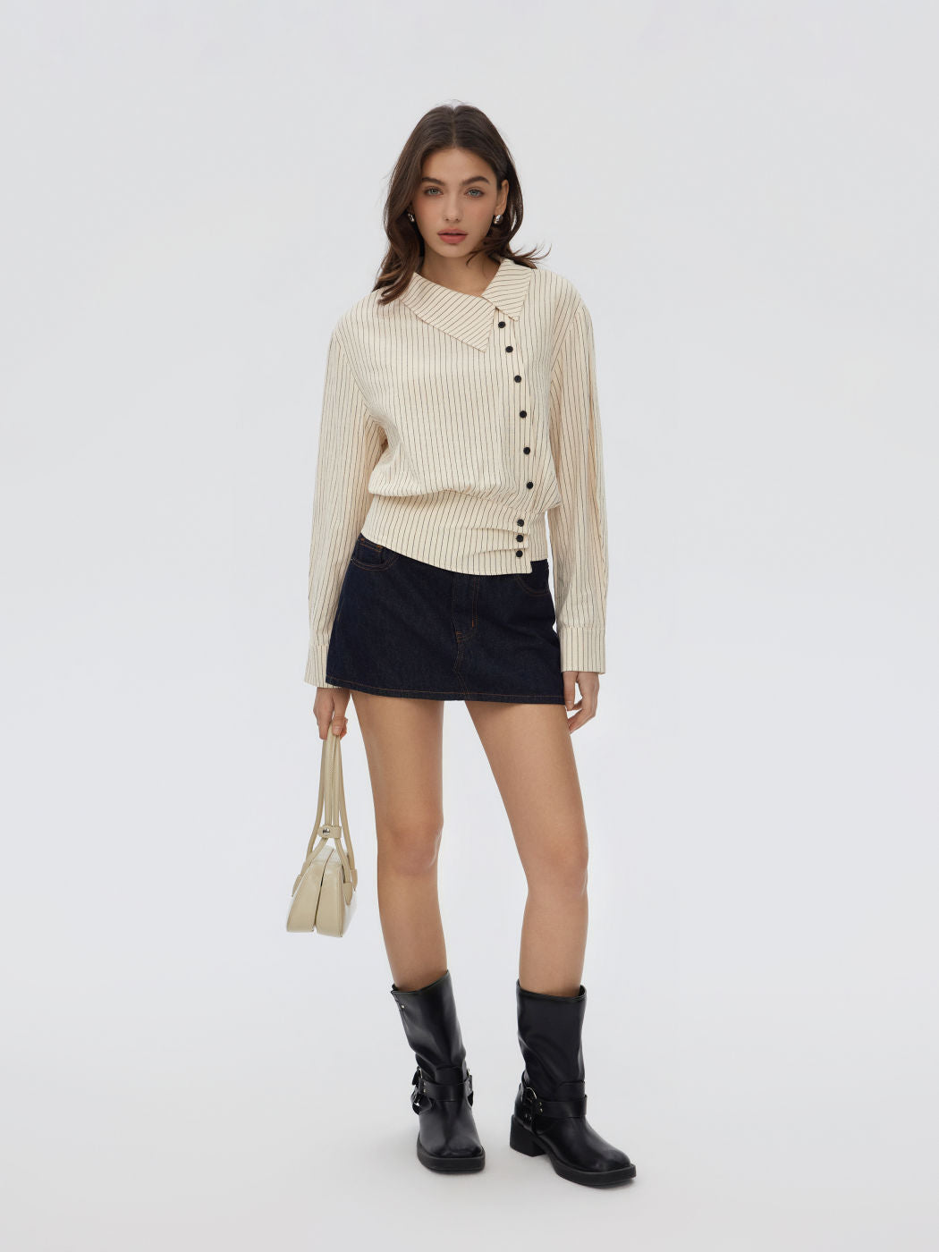 100% Cotton Striped Asymmetrical Collar Long Sleeve Blouse